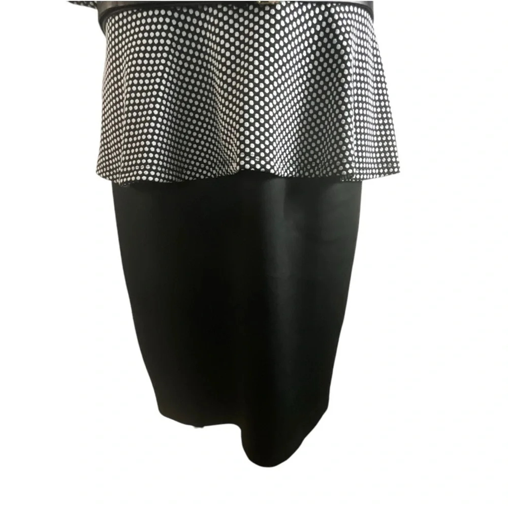 Connected Black and White Polka‎ Dot Belted Zip Back Peplum Dress